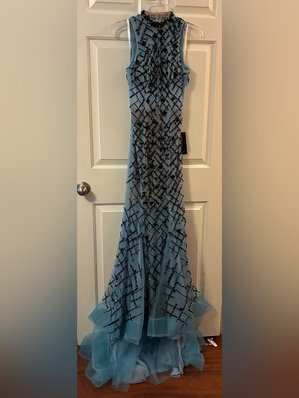 Terani Couture Light Blue Formal with Black Beaded Overlay